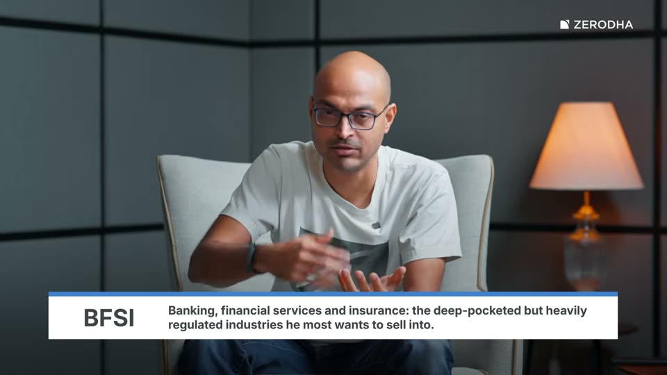 On-screen card: BFSI. Banking, financial services and insurance: the deep-pocketed but heavily regulated industries he most wants to sell into.