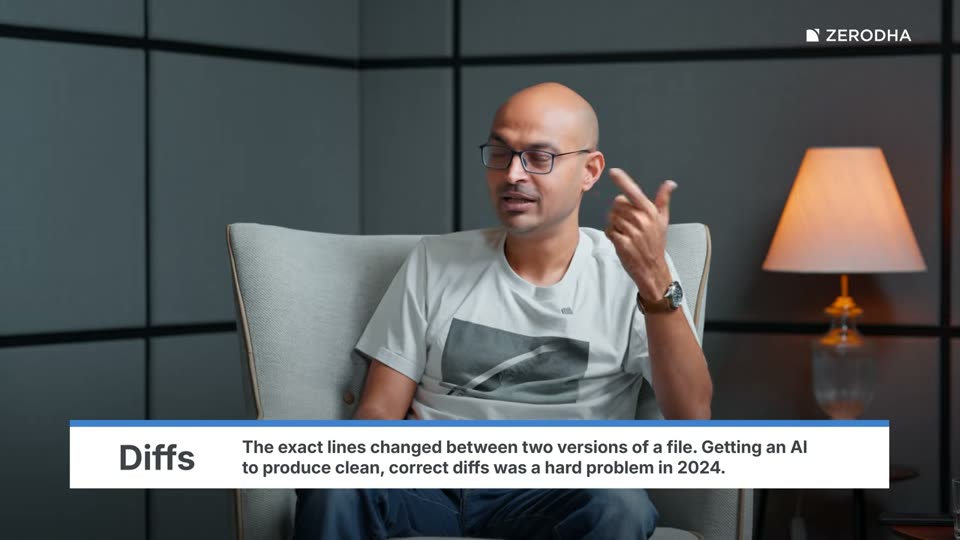 On-screen card: Diffs. The exact lines changed between two versions of a file. Getting an AI to produce clean, correct diffs was a hard problem in 2024.