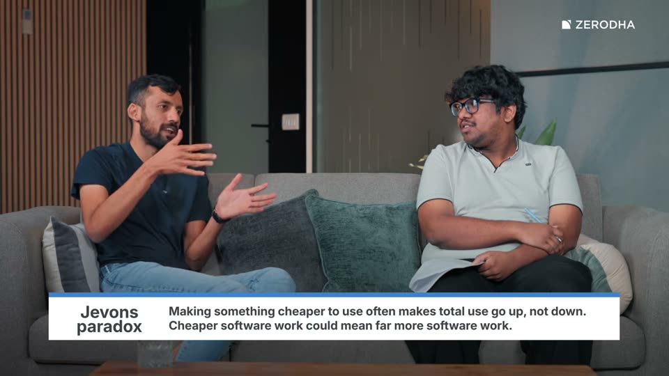 On-screen card: Jevons paradox. Making something cheaper to use often makes total use go up, not down. Cheaper software work could mean far more software work.