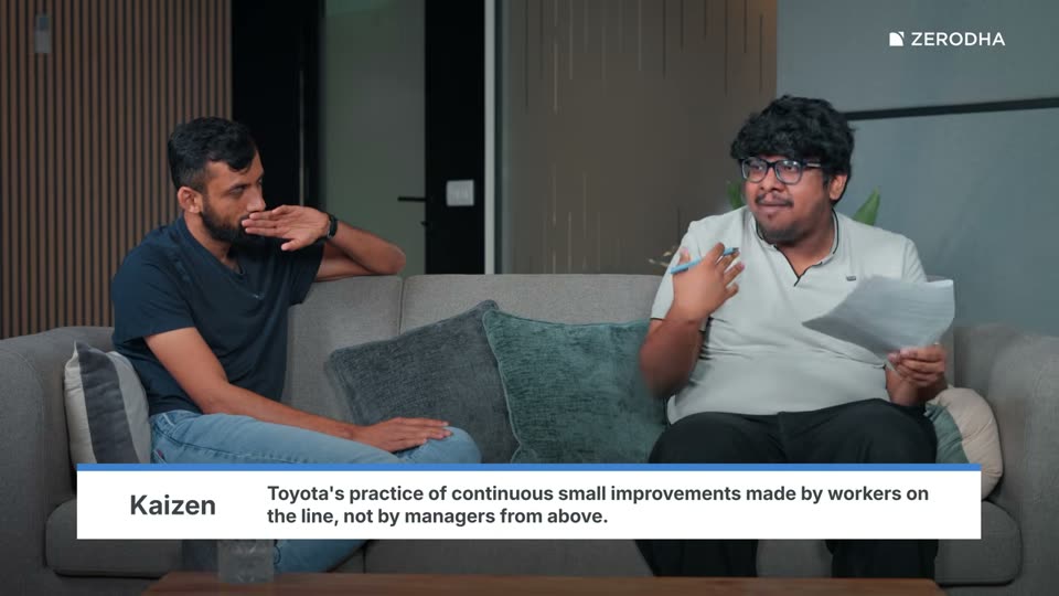 On-screen card: Kaizen. Toyota's practice of continuous small improvements made by workers on the line, not by managers from above.