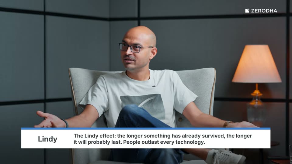On-screen card: Lindy. The Lindy effect: the longer something has already survived, the longer it will probably last. People outlast every technology.