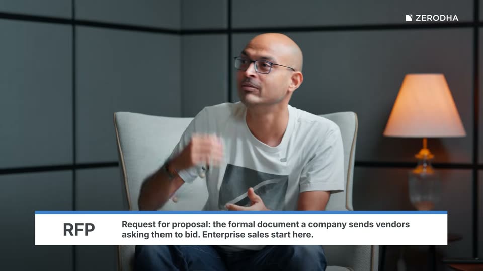 On-screen card: RFP. Request for proposal: the formal document a company sends vendors asking them to bid. Enterprise sales start here.