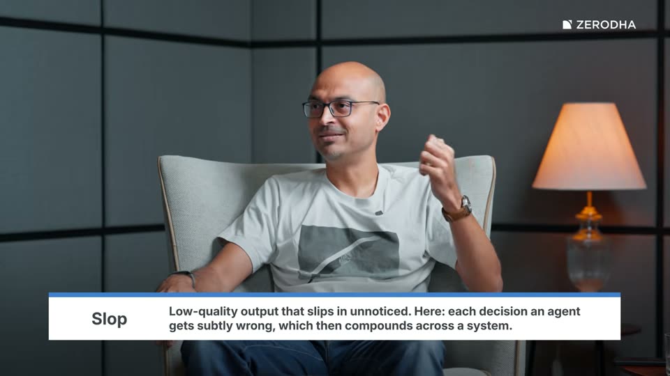 On-screen card: Slop. Low-quality output that slips in unnoticed. Here: each decision an agent gets subtly wrong, which then compounds across a system.