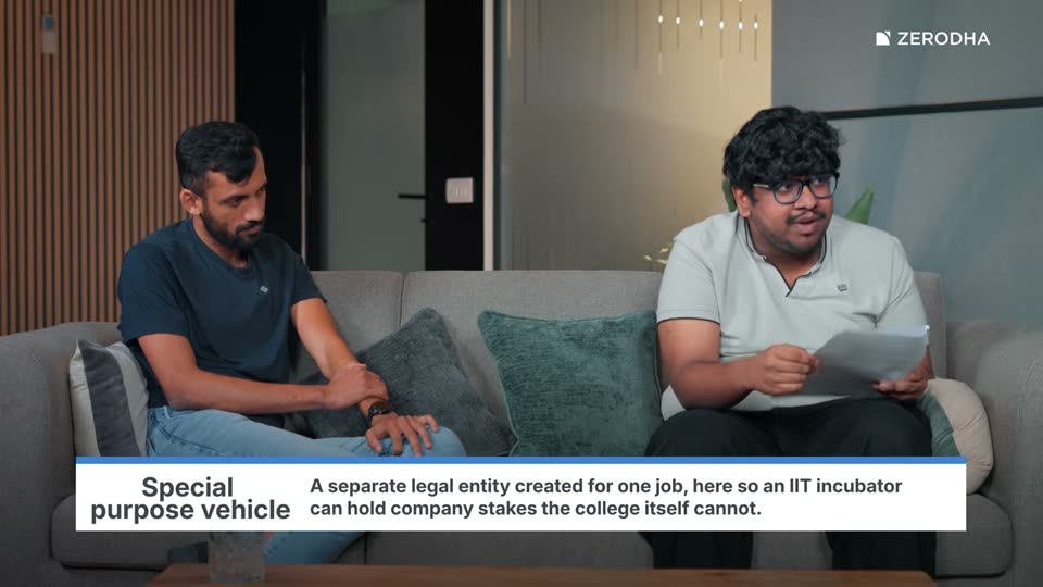 On-screen card: Special purpose vehicle. A separate legal entity created for one job, here so an IIT incubator can hold company stakes the college itself cannot.