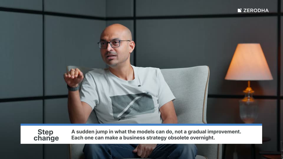 On-screen card: Step change. A sudden jump in what the models can do, not a gradual improvement. Each one can make a business strategy obsolete overnight.
