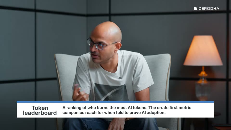On-screen card: Token leaderboard. A ranking of who burns the most AI tokens. The crude first metric companies reach for when told to prove AI adoption.