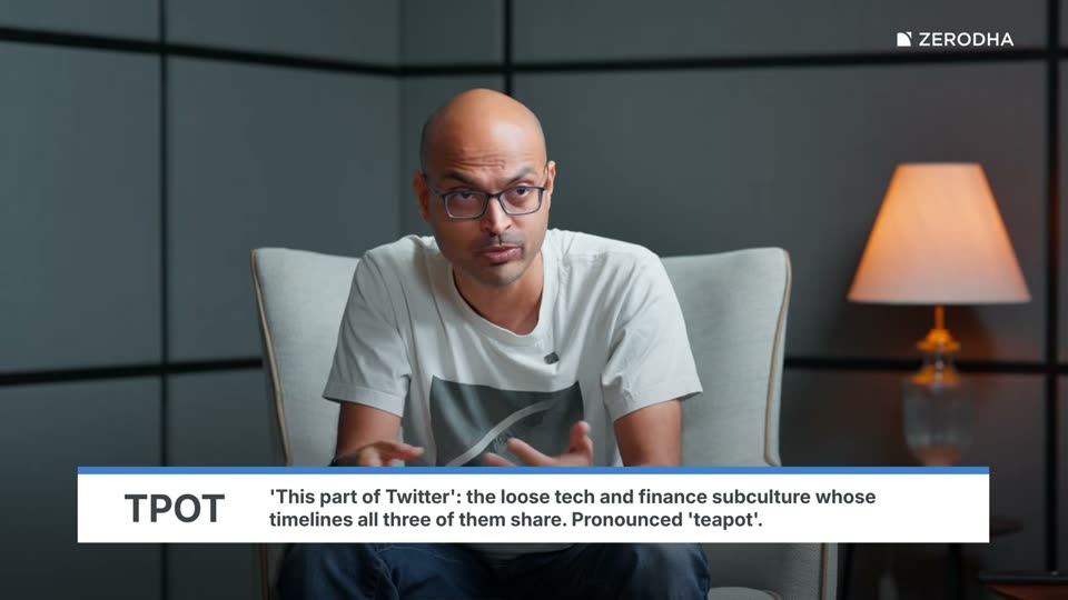 On-screen card: TPOT. 'This part of Twitter': the loose tech and finance subculture whose timelines all three of them share. Pronounced 'teapot'.