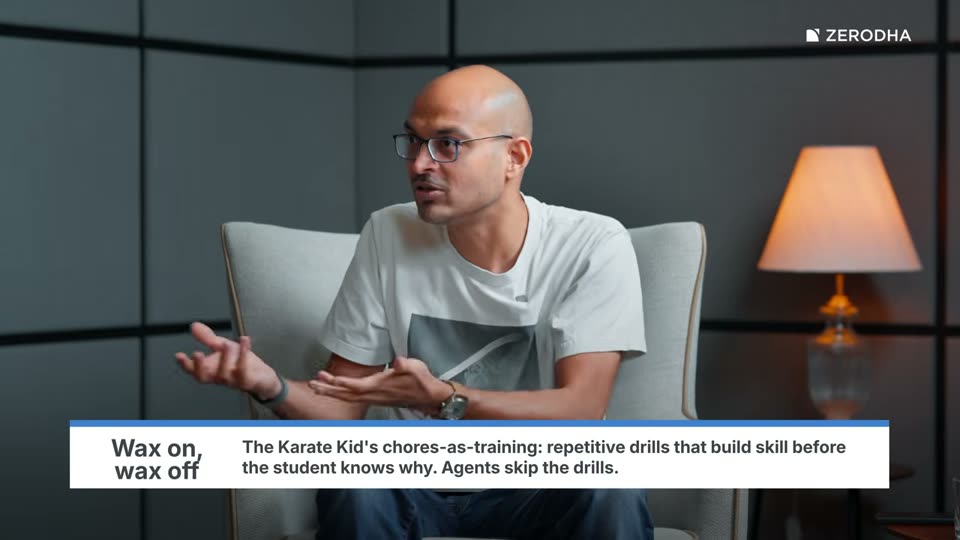 On-screen card: Wax on, wax off. The Karate Kid's chores-as-training: repetitive drills that build skill before the student knows why. Agents skip the drills.