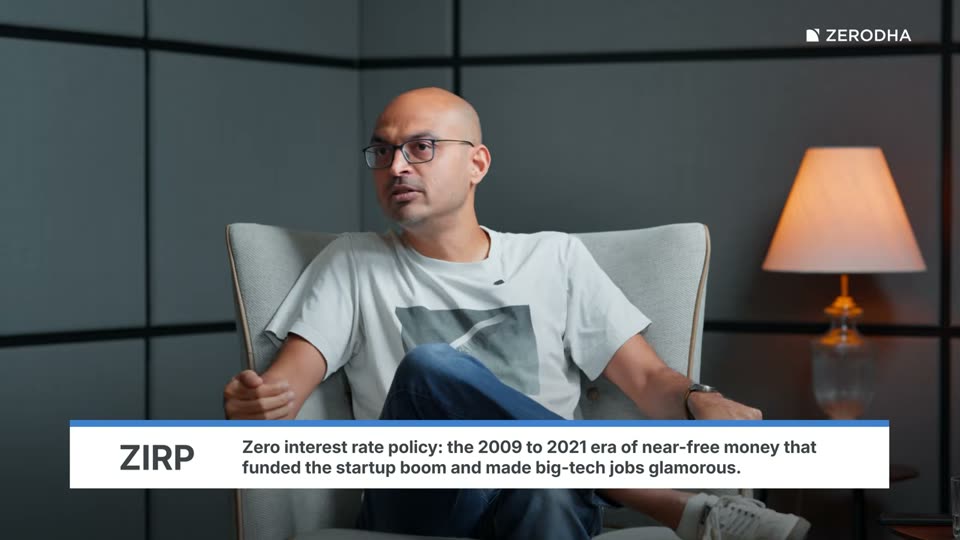 On-screen card: ZIRP. Zero interest rate policy: the 2009 to 2021 era of near-free money that funded the startup boom and made big-tech jobs glamorous.