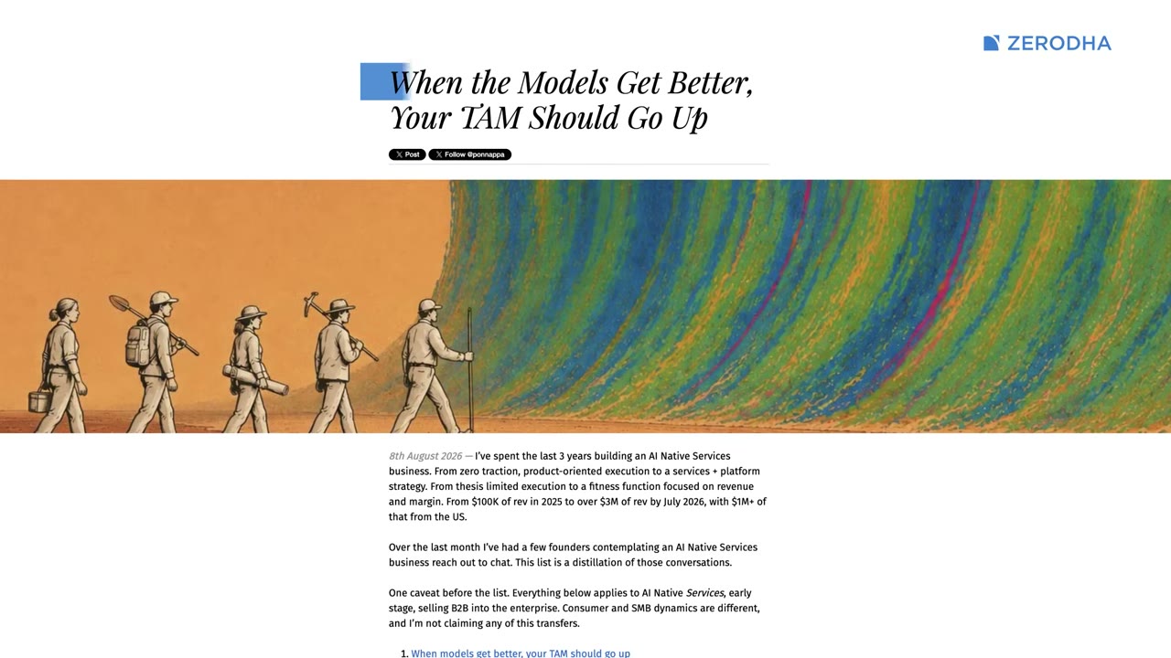 Screenshot of Sidu's essay 'When the Models Get Better, Your TAM Should Go Up', dated 8 August 2026, which says Realfast went from $100K of revenue in 2025 to over $3M by July 2026, with $1M+ from the US.